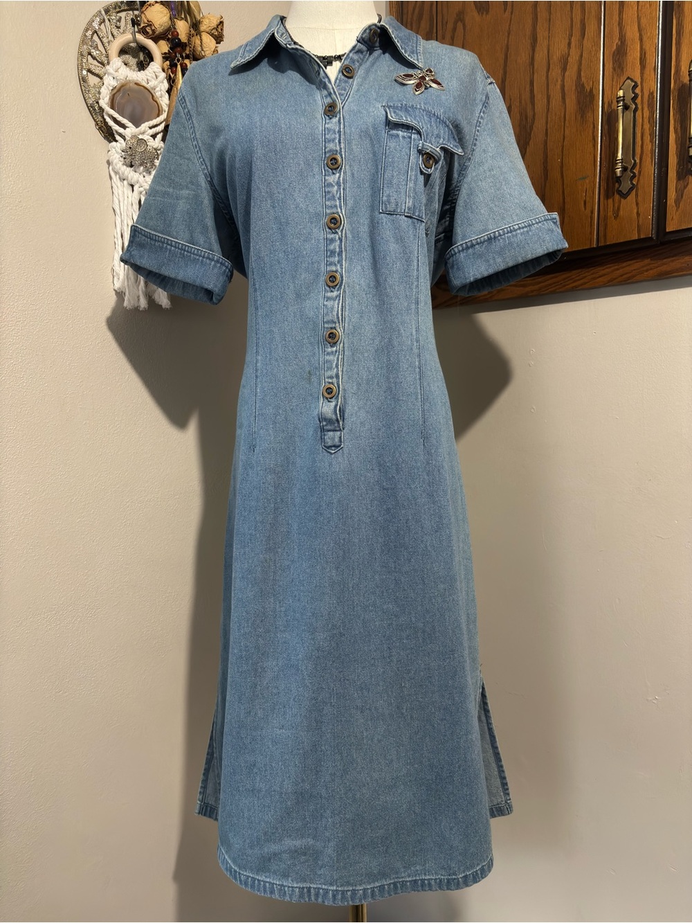 VTG Khakis International Denim Midi Dress Size Medium Short Sleeve Button Front